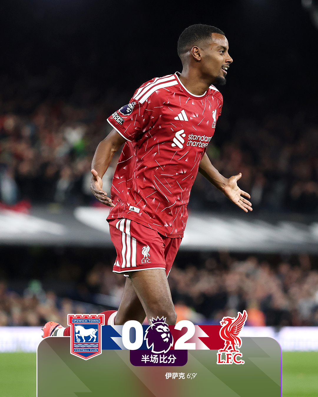 半场比分 | 伊普斯维奇 0-2 利物浦⚽第6分钟，加克波斜塞送禁区，伊萨克小角