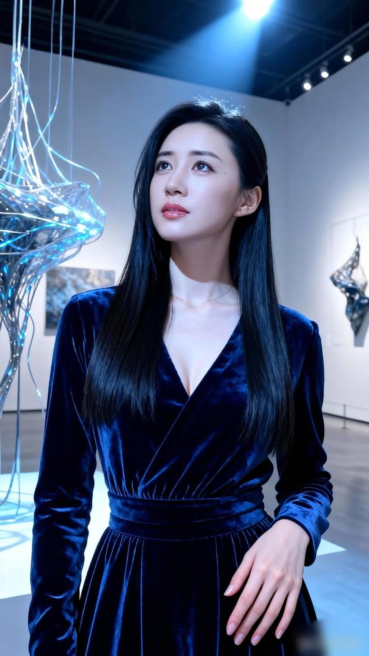 优雅蓝丝绒裙，艺术展上的迷人瞬间