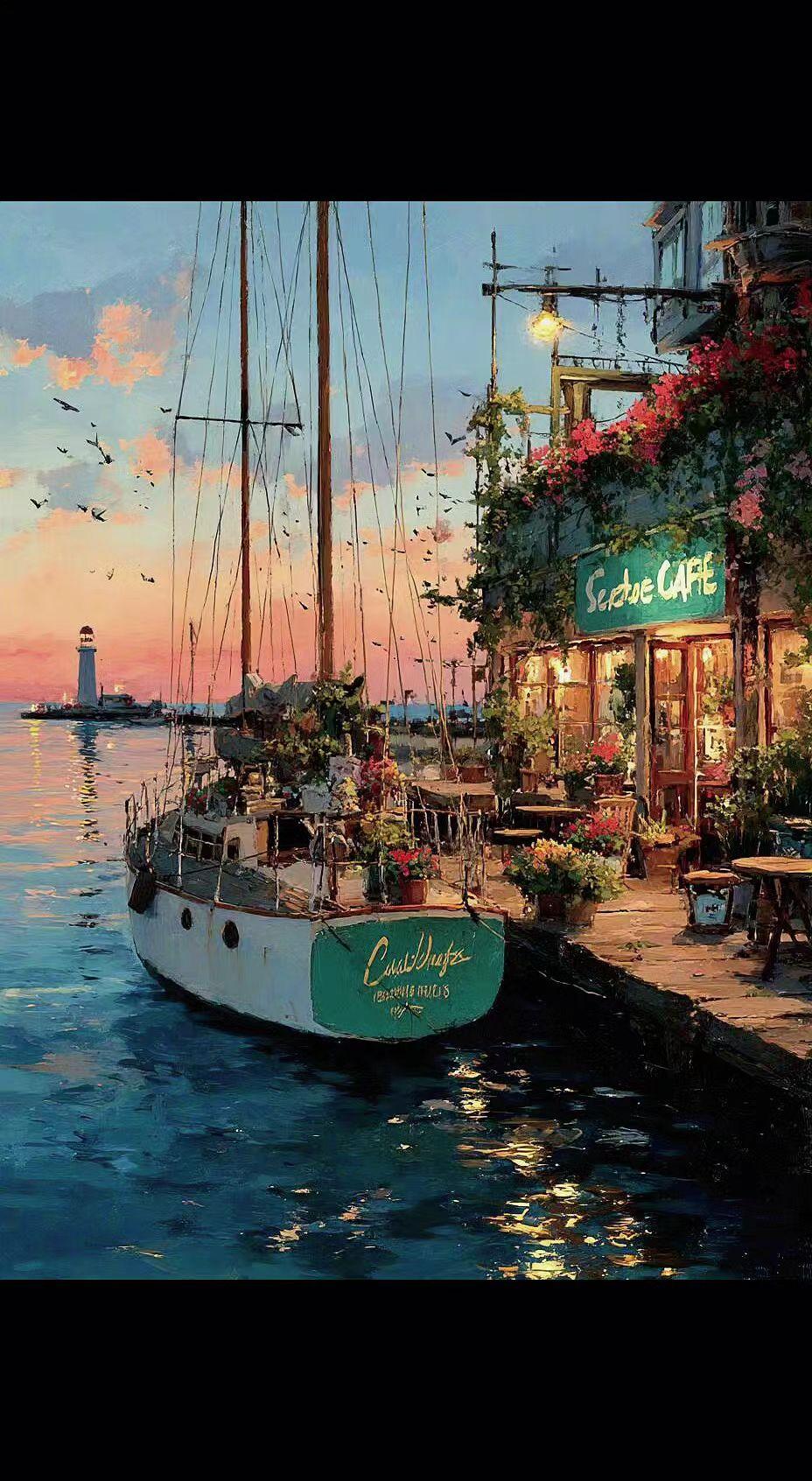 🌅暮色吻上海面，船儿泊成诗行。咖啡馆的灯是夜的标点，等风读这半阙未完的浪🌊