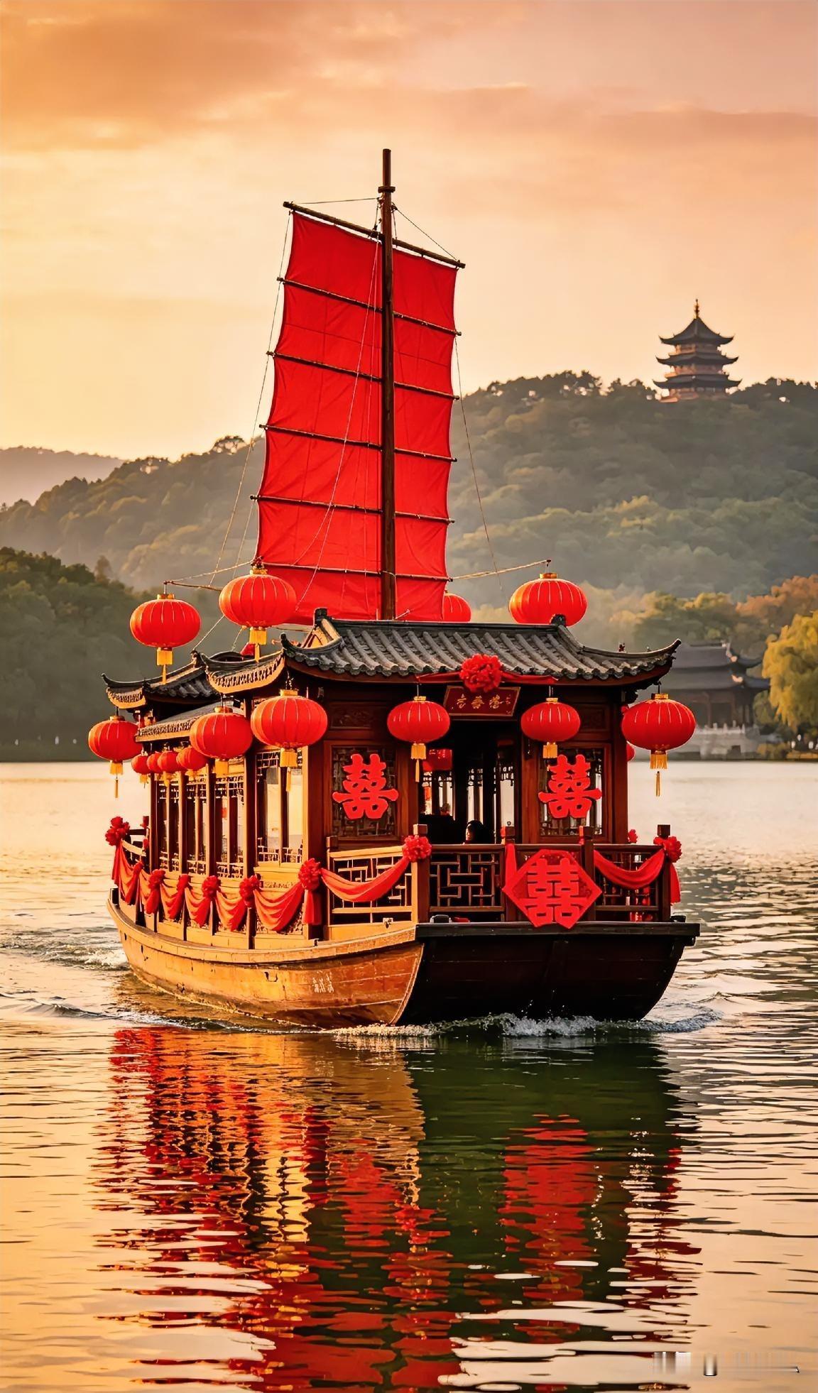 摒弃豪车迎亲，以雅致游船迎娶佳人，水上婚路浪漫诗意。画风清新别致，格调高雅脱俗，
