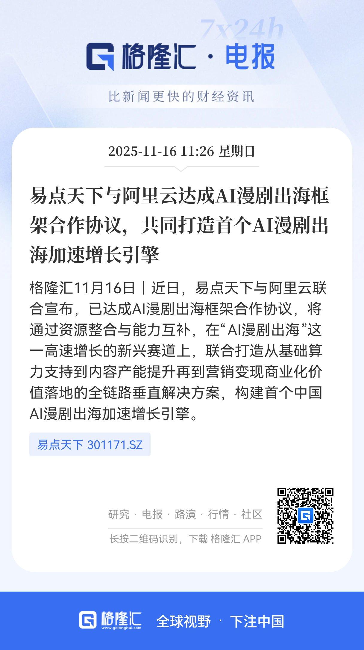 重大利好！重大利好！
易点天下与阿里云共同打造首个Al漫剧出海加速增长引擎。
 
