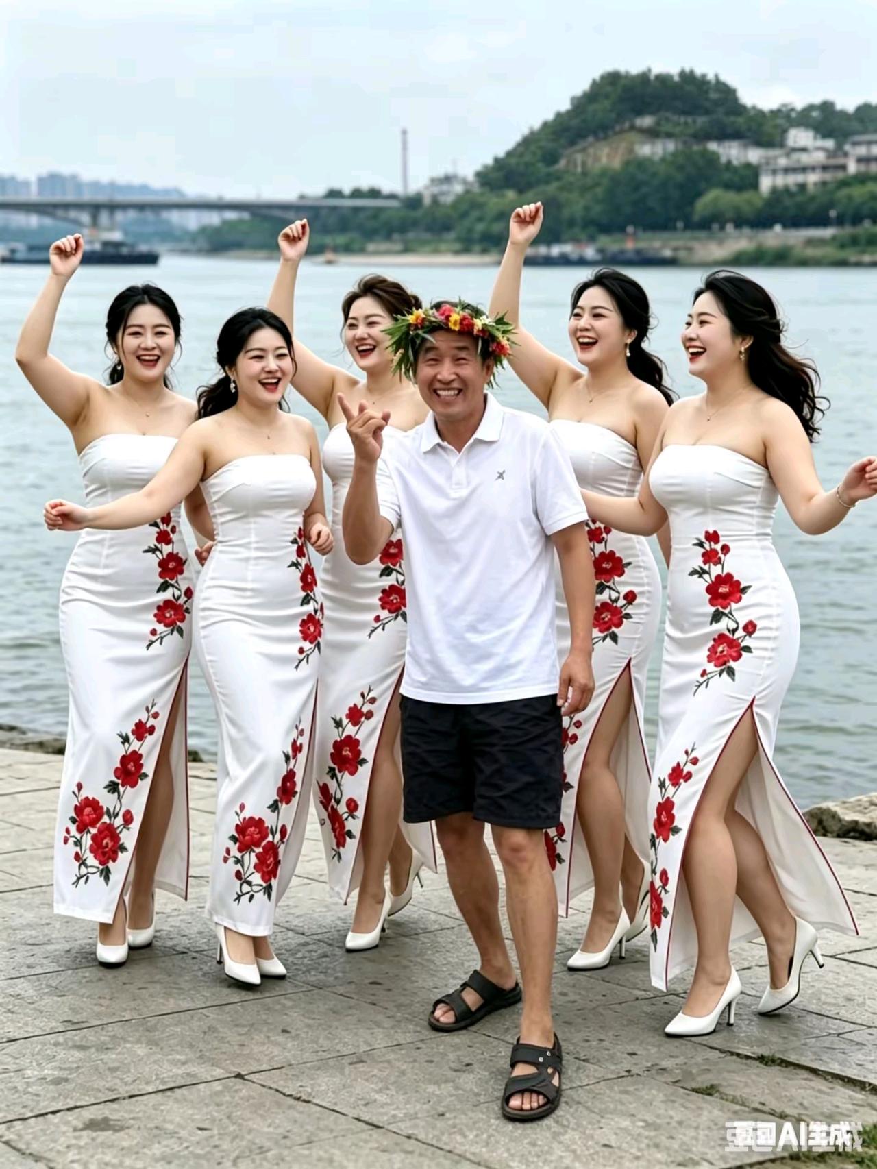 江畔欢舞
一江碧水映长天，
佳丽旗袍绽丽颜。
素袂红妆姿韵俏，
欢声笑语伴丝弦。