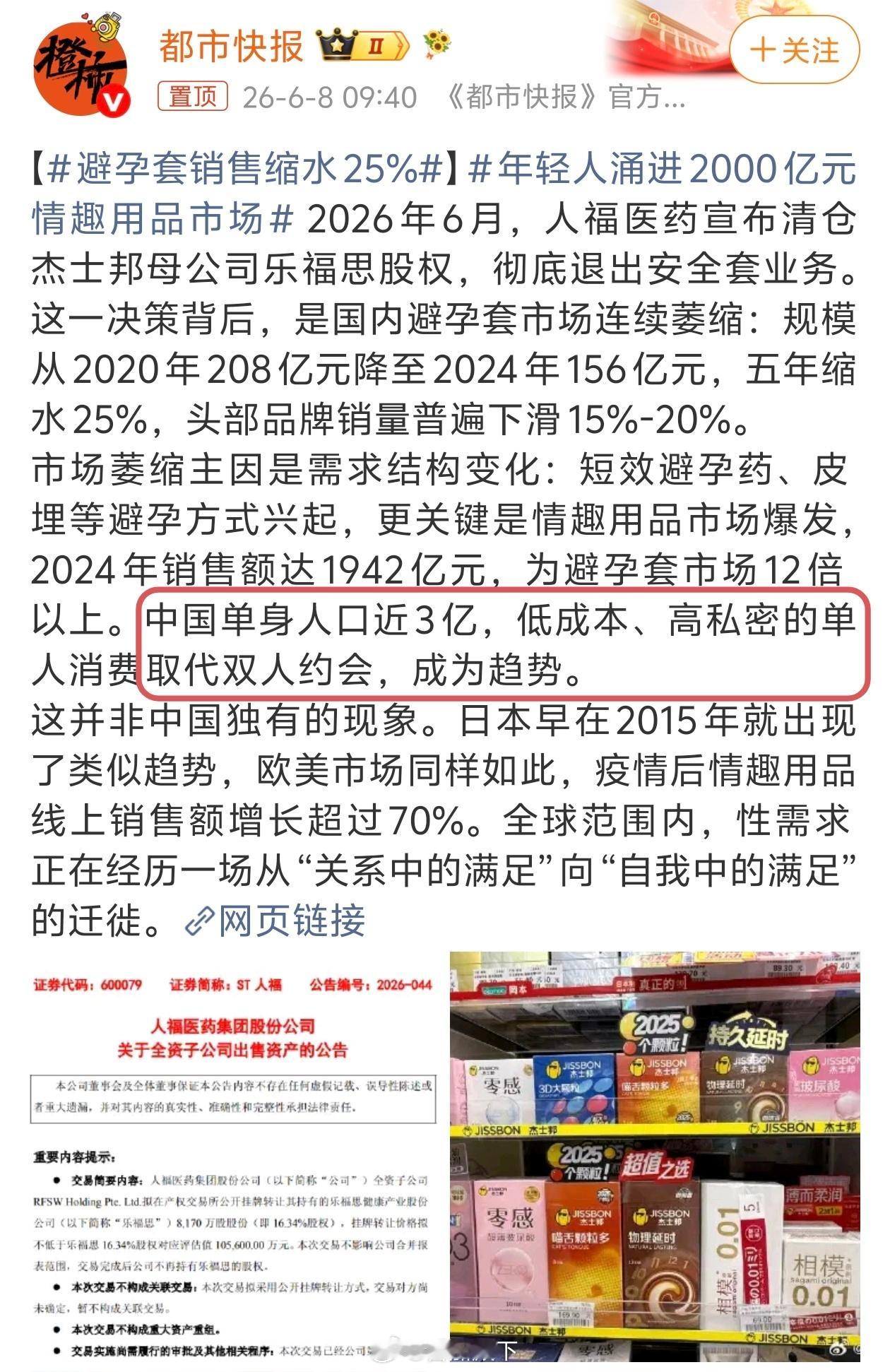避孕套销售缩水25%一个人真的没有两个人有意思，能找对象还是找对象吧。可以不用避