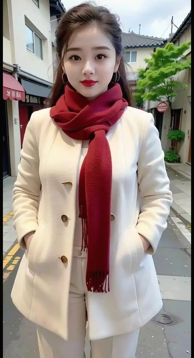 秋日穿搭指南：白色西装外套+红色围巾，温暖又时尚！