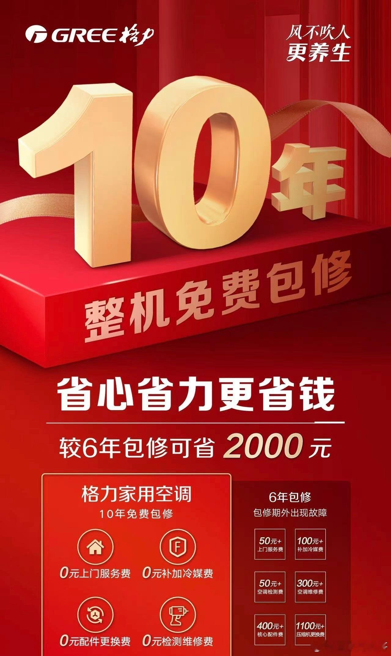 格力空调的服务，绝对是天花板了！建议小米也能跟进一下，也整个10年包修，这是对消