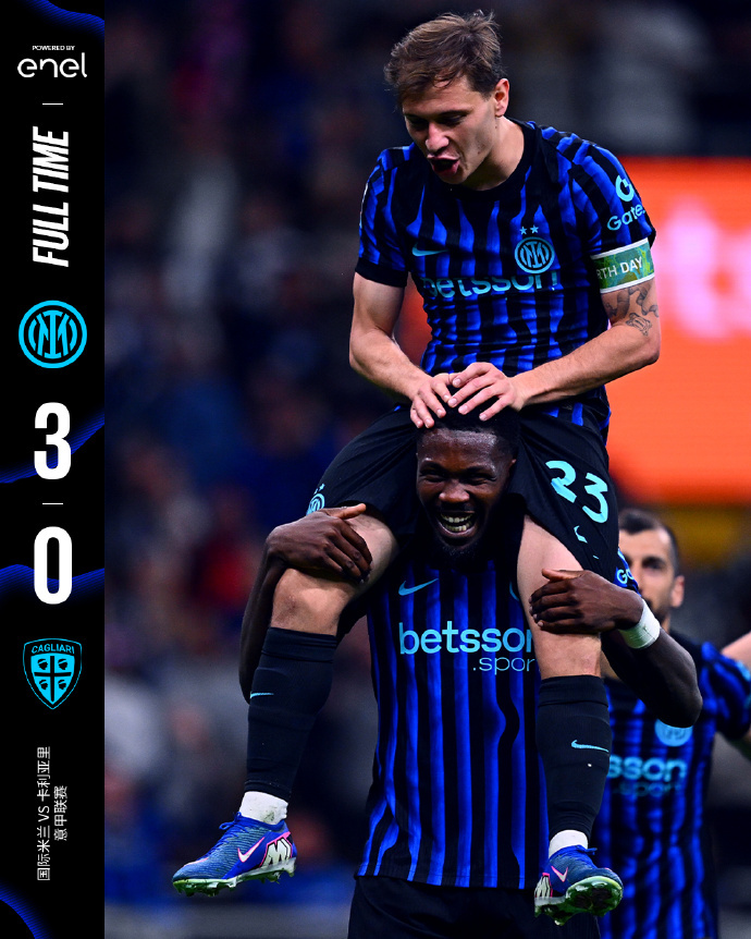 #国际米兰3连胜#意甲第33轮，国际米兰在梅阿查球场迎战卡利亚里。上半场，埃斯波