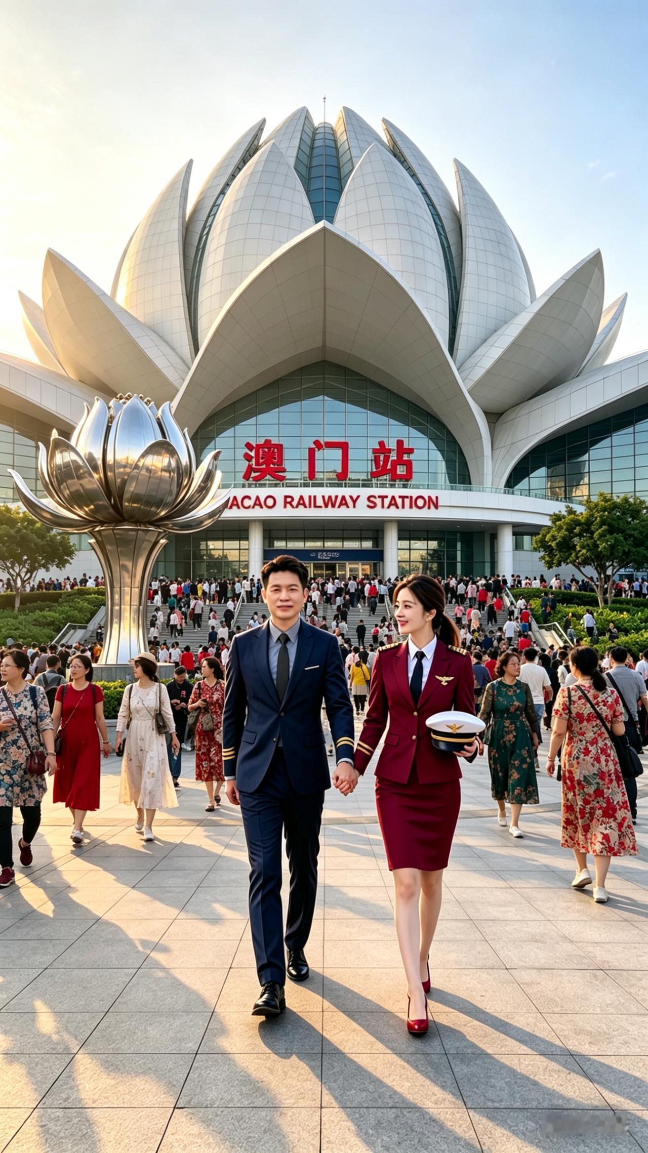 澳门站前欢景
 
金阳暖照莲花放，
靓服缤纷映广场。
游客接踵笑语扬，
闲步台前