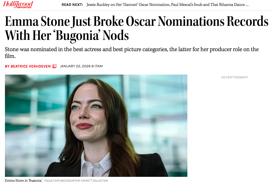 TNABO 37岁的演员兼制片人艾玛·斯通，凭借新片《拯救地球》成为学院历史上最