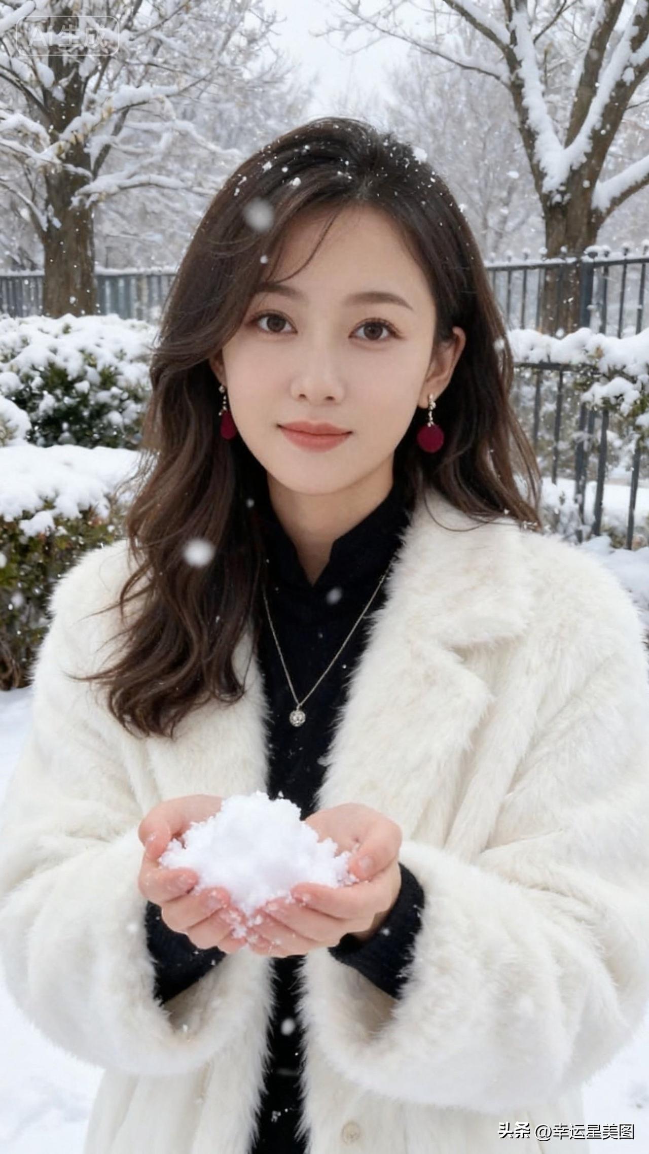 雪地里的小仙女捧着雪球。