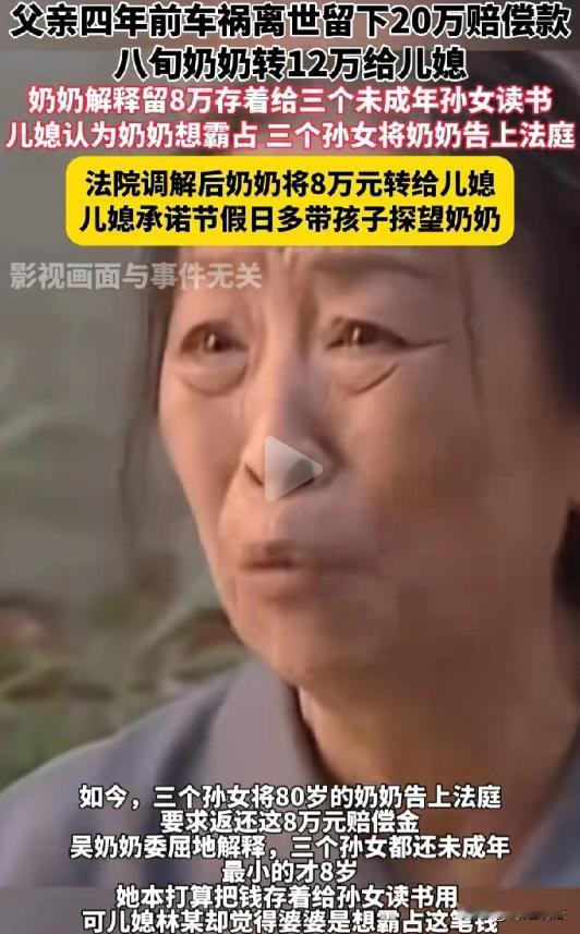 江苏徐州，4年前一男子因交通事故离世，获20万赔偿金，责任方转给其母吴奶奶。吴奶