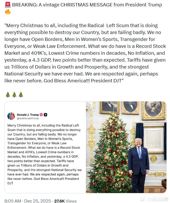 特朗普总统的经典圣诞信息： “祝所有人圣诞快乐，包括那些正在竭尽全力摧毁我们国家