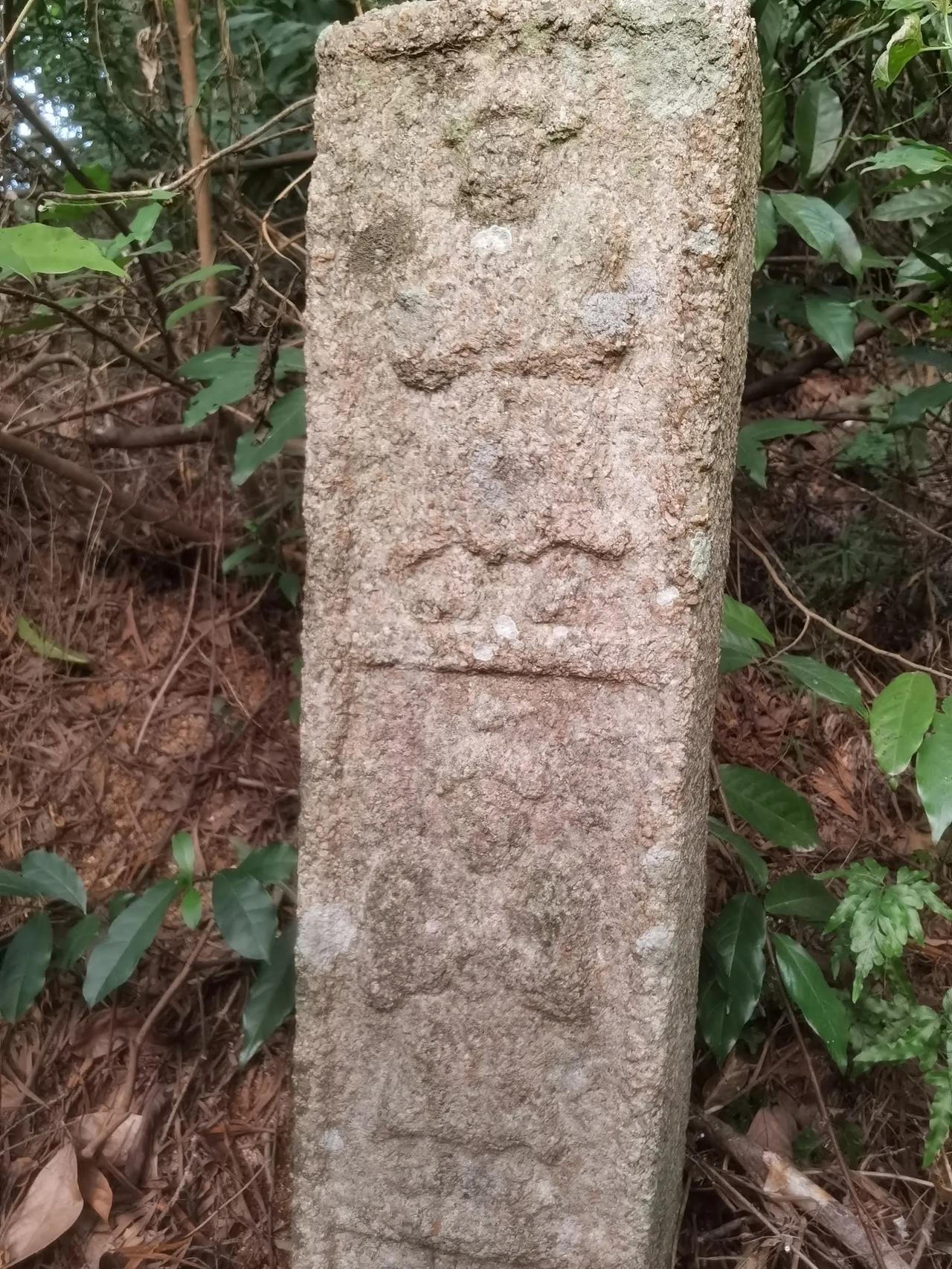 今天进山玩，在山上发现一根很特别的方形花岗岩柱子。柱子表面风化得很厉害，正面竖着