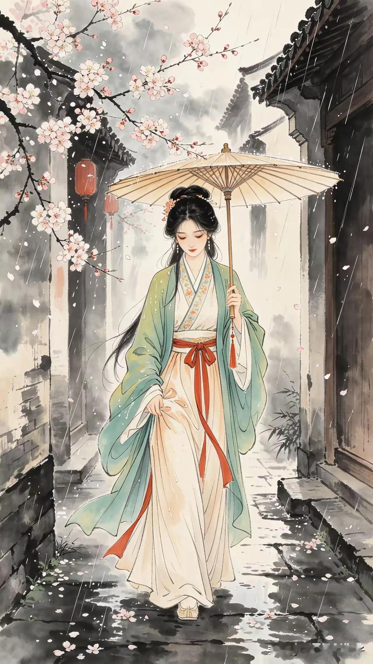 深巷梨花伴雨飞，
素罗轻挽伞低垂。
千般愁绪无从诉，
点点滴滴沁心扉。