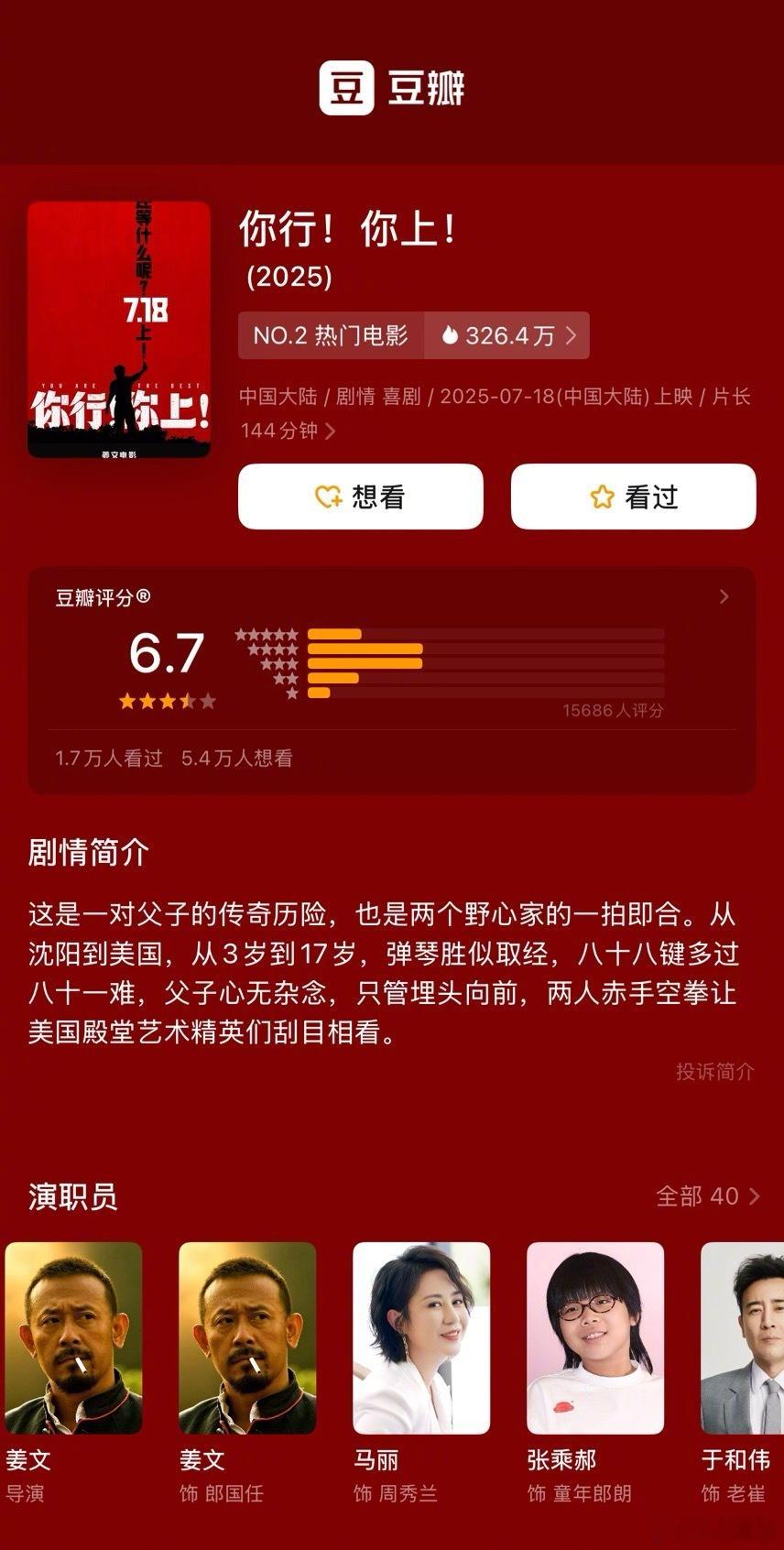 姜文电影《你行！你上！》豆瓣开分6.7分。昨天看完的，个人感觉有点开低了 ​​​