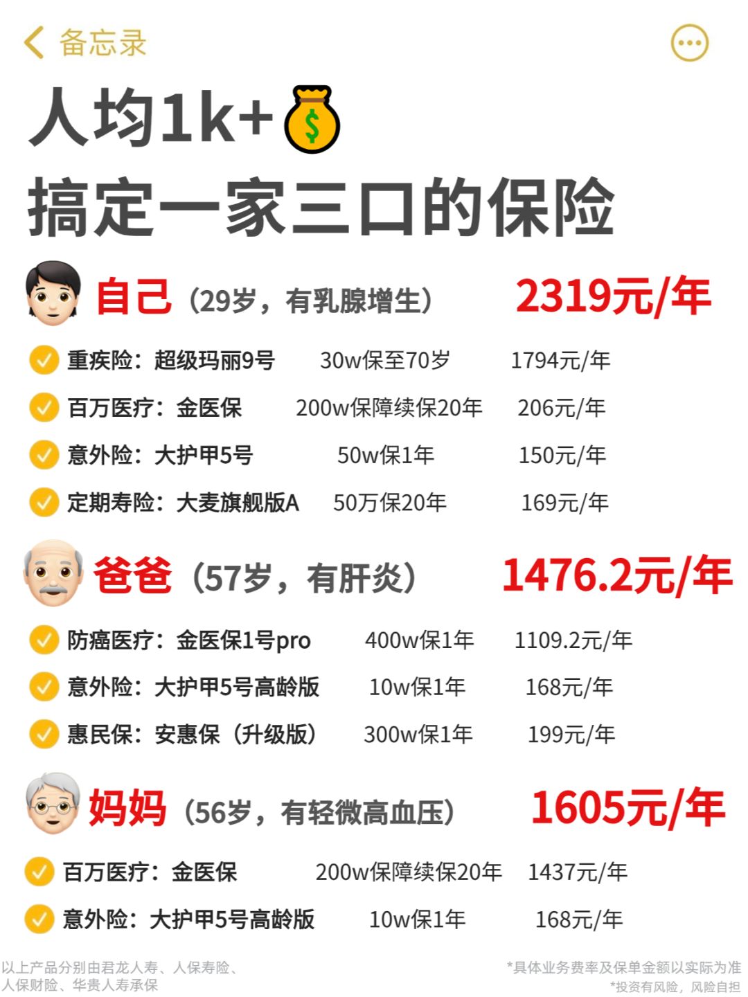 普通家庭保险方案，一家三口人均只需1000+