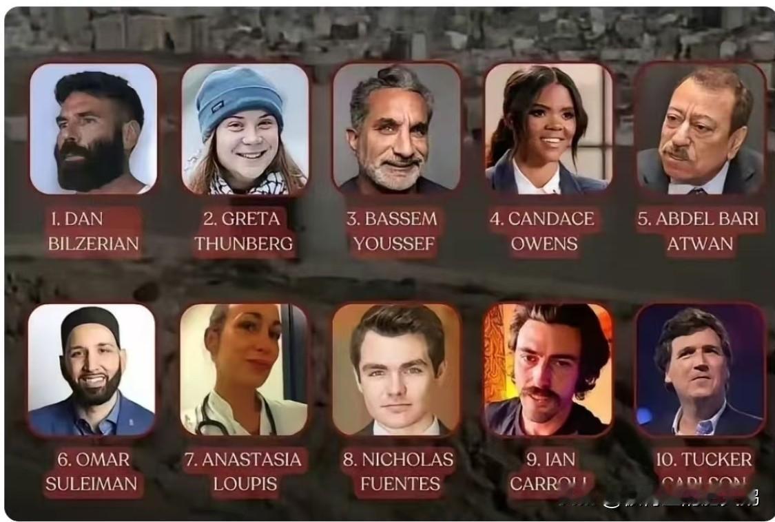 以色列当局4月14日，发布了一份"十大知名反犹人物":
丹·比泽里安(美国网红)