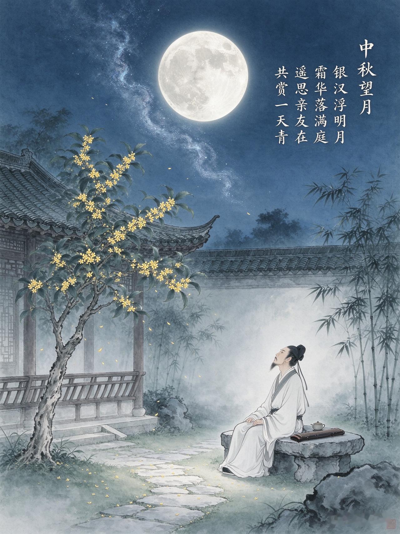 中秋望月
银汉浮明月， 霜华落满庭。 遥思亲友在， 共赏一天青。