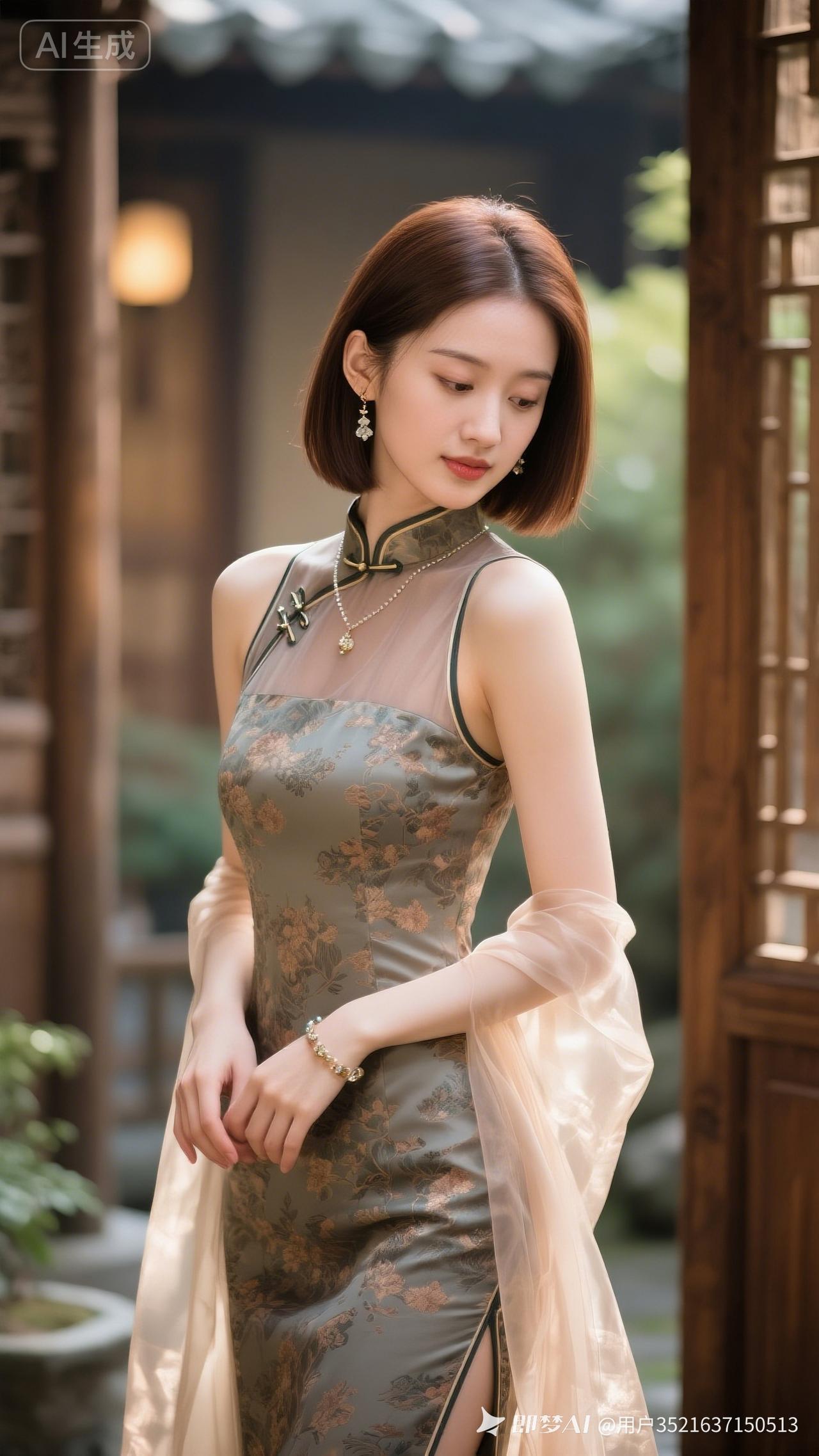 甜美女子五官清秀，日常精致妆容。茶棕色顺直短发柔亮有层次，湿润发丝垂落。身着新中