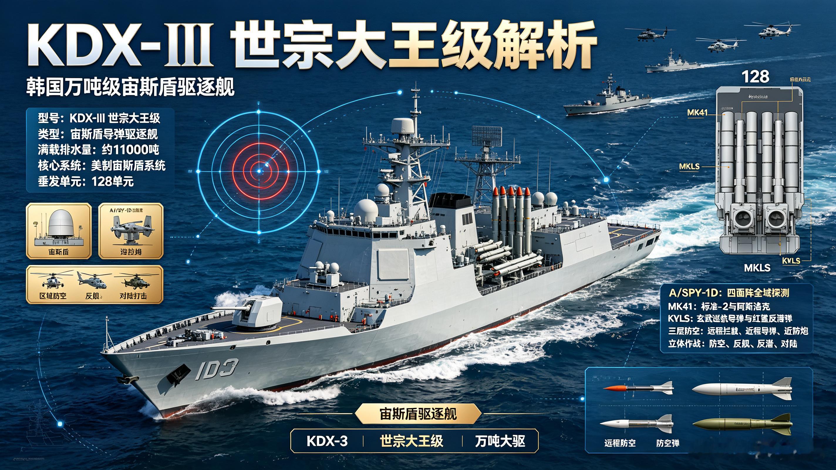 每天认识一件兵器KDX-3世宗大王级万吨宙斯盾大驱，搭载美式宙斯盾系统，128单