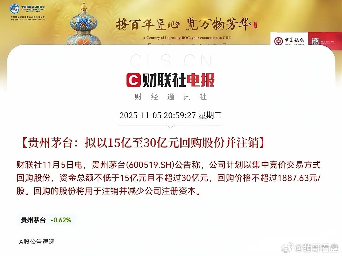 利好消息！利好消息！贵州茅台迎来大利好了！不出意外的话，明日贵州茅台明日要高开高