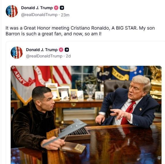 川普发文表达了对足球超级巨星C罗的喜爱，并称自己与儿子Barron一样，成为了他