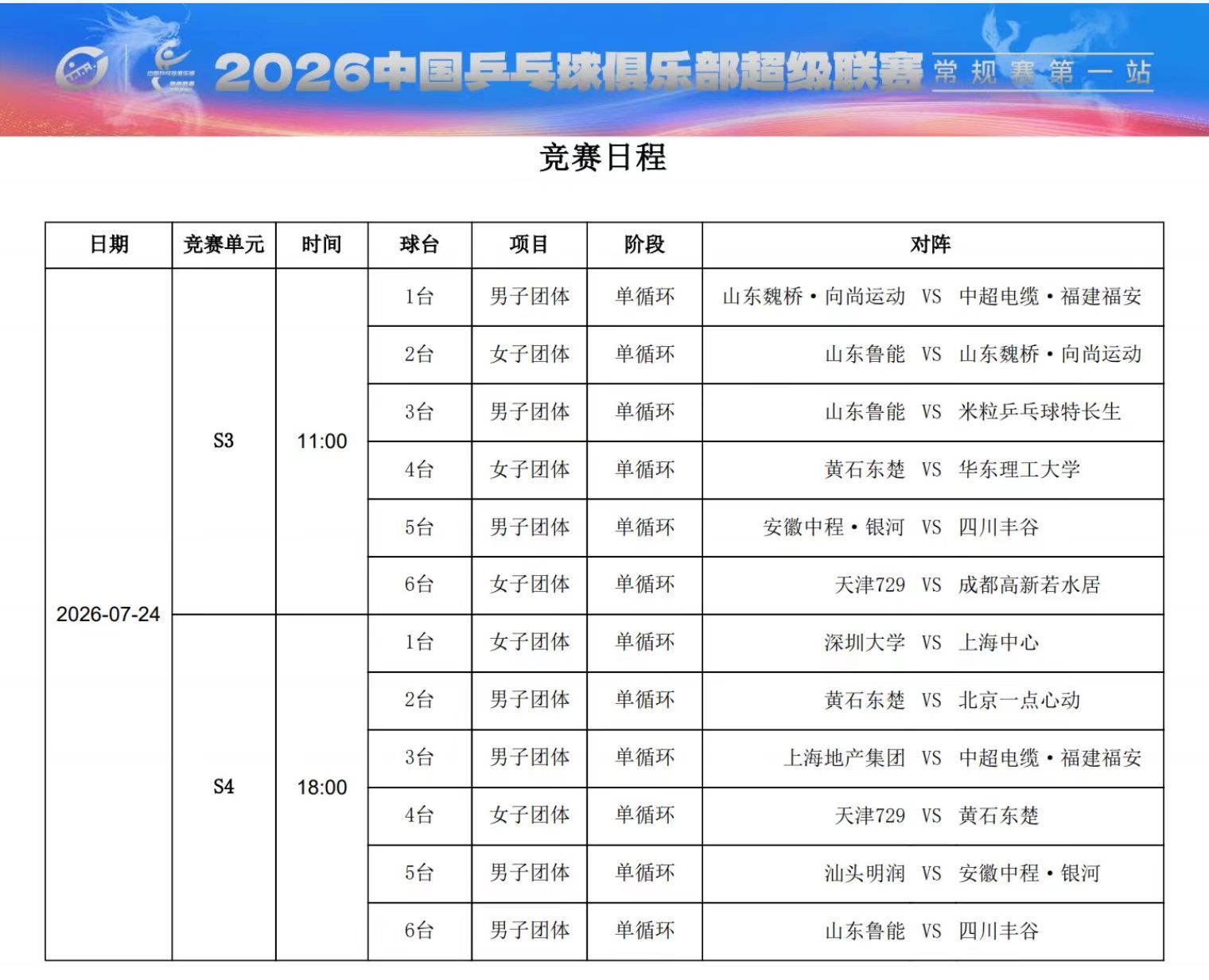 #乒超7月24日赛程# 2026赛季乒超联赛常规赛第一站第二日赛程如下，一键收藏