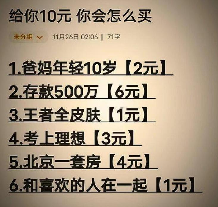 你会怎么买

1.爸妈年轻10岁【2元】
2.存款500万【6元】
3.王者全皮