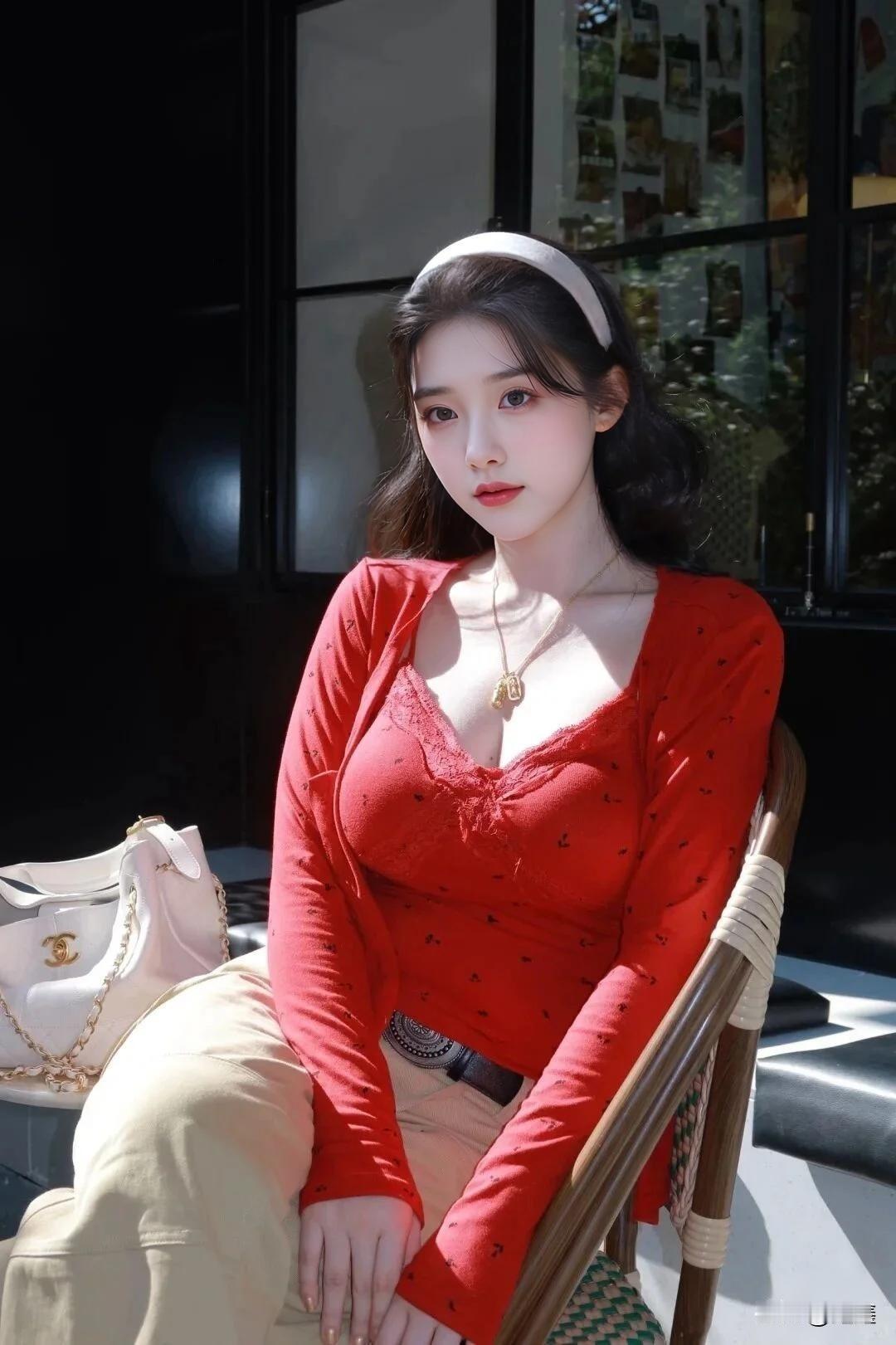 红衣少女，优雅坐椅，手提包相伴，清新自然。