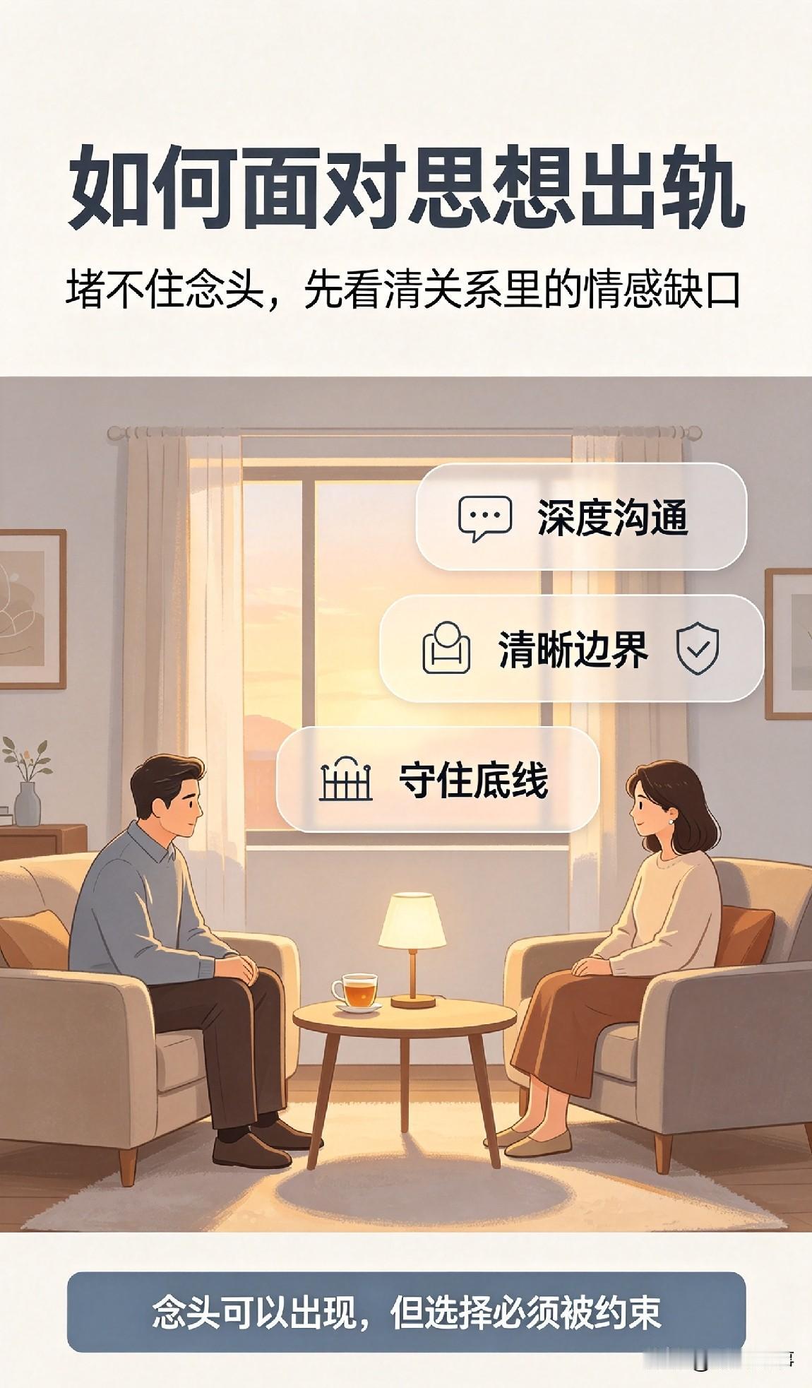 思想出轨，大多源于婚姻里情感缺口，单纯强行阻止很难奏效。堵不如疏，先看见对方内心