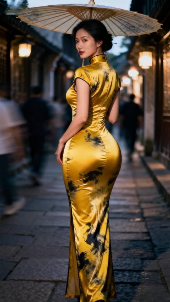 身材极佳的金色旗袍美女雨中写真。旗袍秀 旗袍美人像