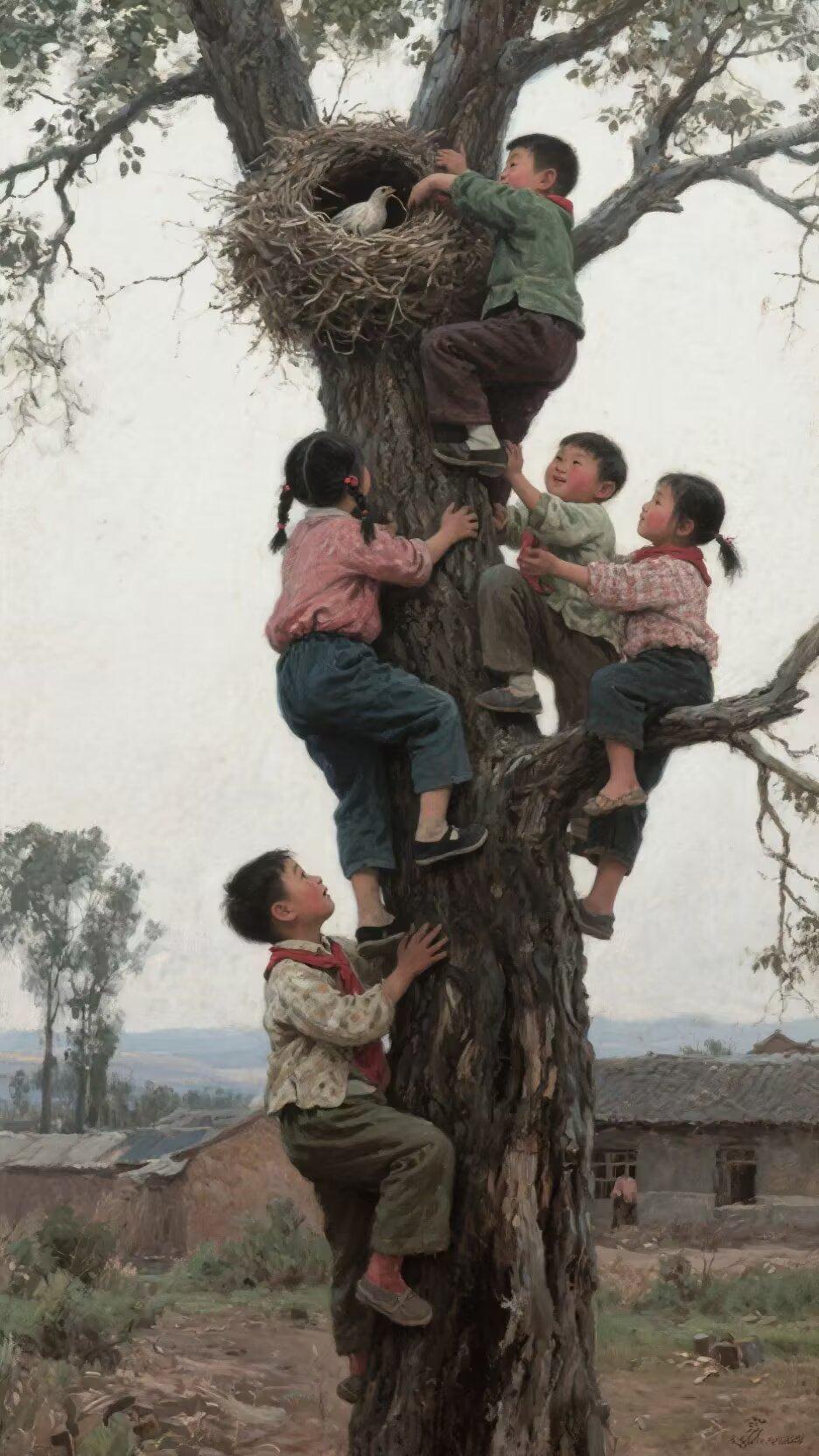 定风波，题图（怀旧系列）
古木枝间绽稚颜，雀巢探手喜绵绵。
笑靥攒成花一簇，争逐