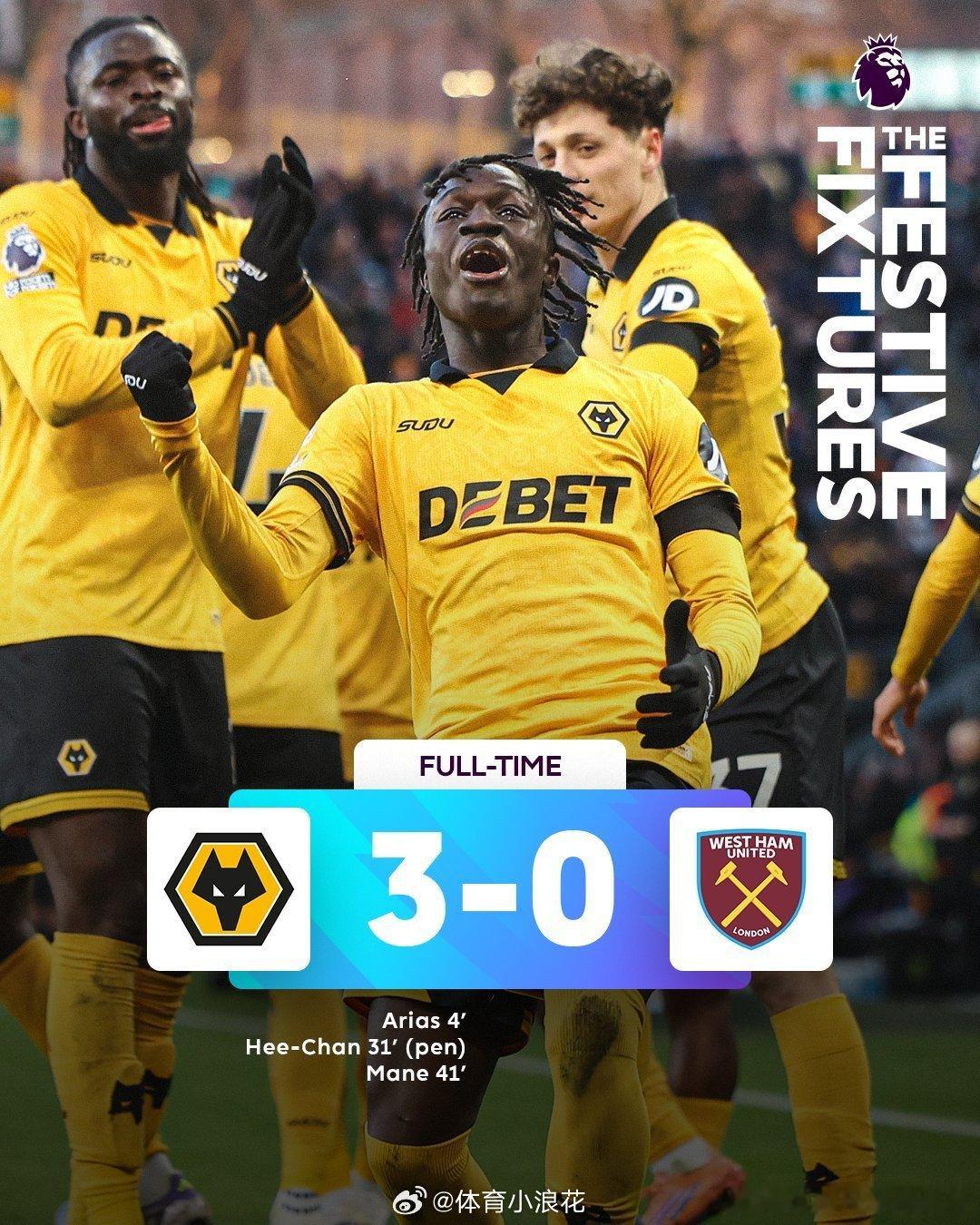 恭喜狼队！终于赢了！刚刚结束的英超第20轮，2026年首战，狼队3-0完胜西汉姆