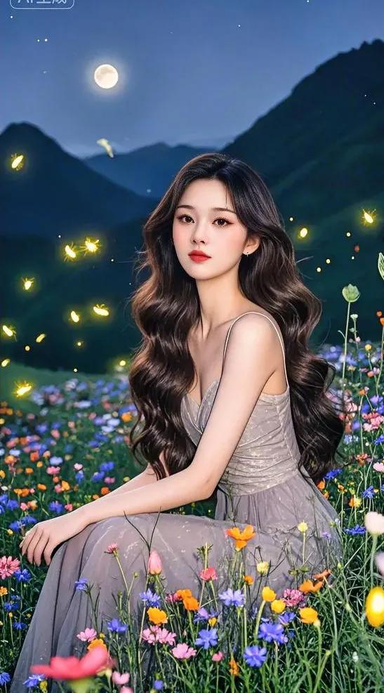 夏夜花野的温柔
 
晚山衔着满月，星子落在风里。她裹着雾色纱裙，坐在打翻的花桶旁