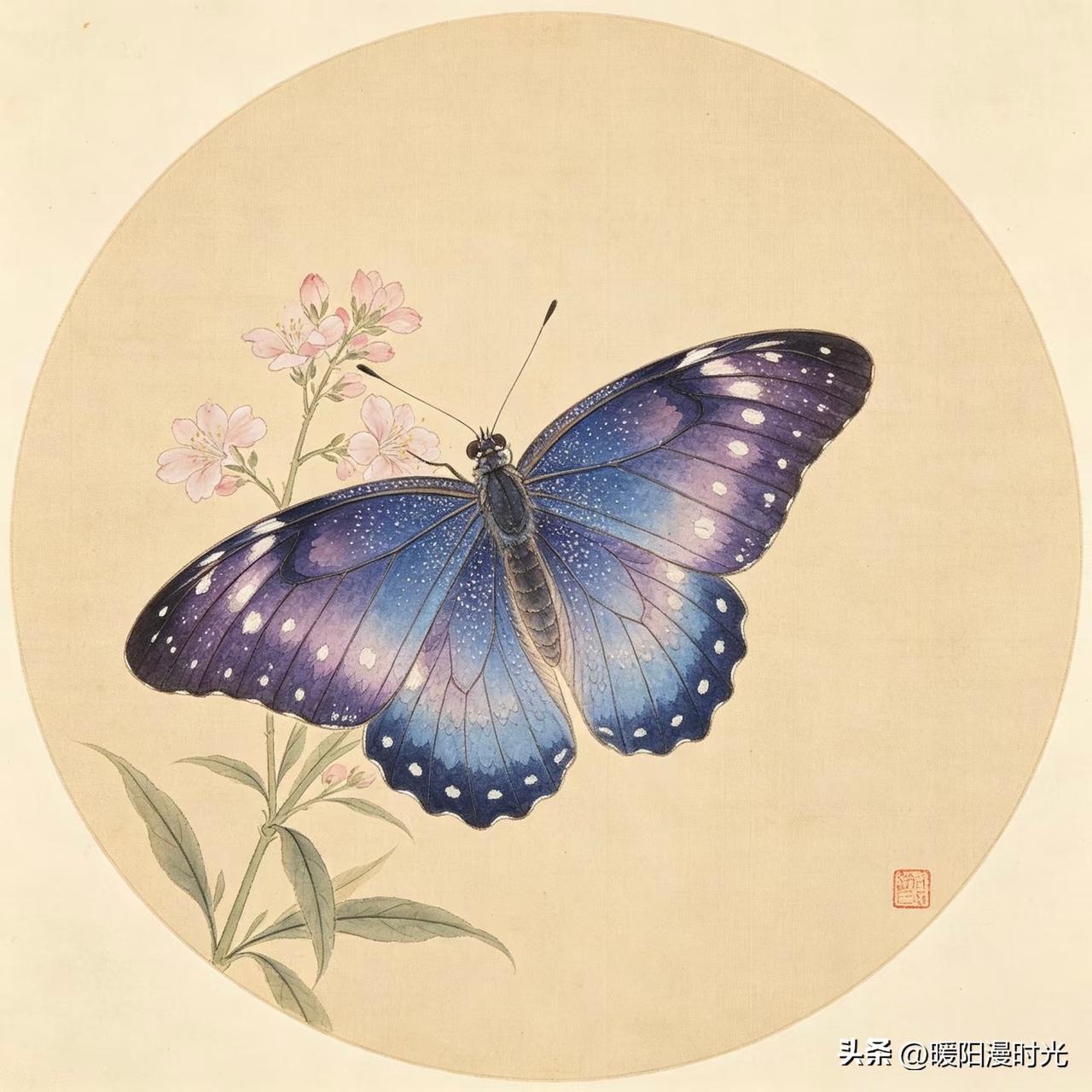 彩蝶栖芳枝，工笔绘清欢，一砚春风落素笺。
墨染芳华蝴蝶国画素材分享