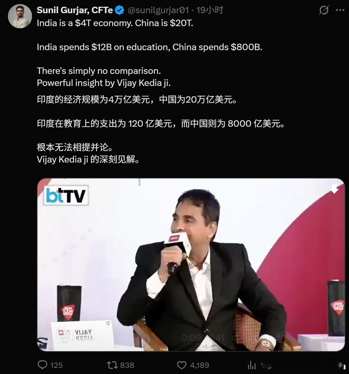 这是印度的金融从业者发布的信息。印度和中国不在一个比较线上。相比这里轮值的印吹来