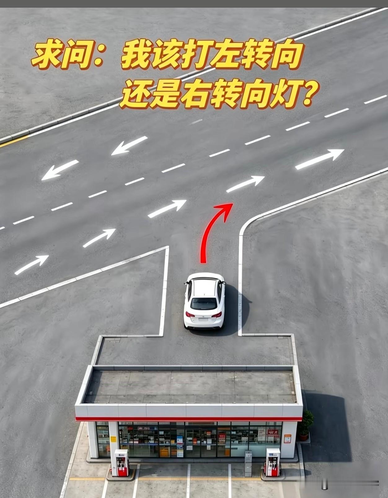 兄弟们考考大家，从加油站出来，就像画面里这个情况，我到底该打左转向灯，还是右转向