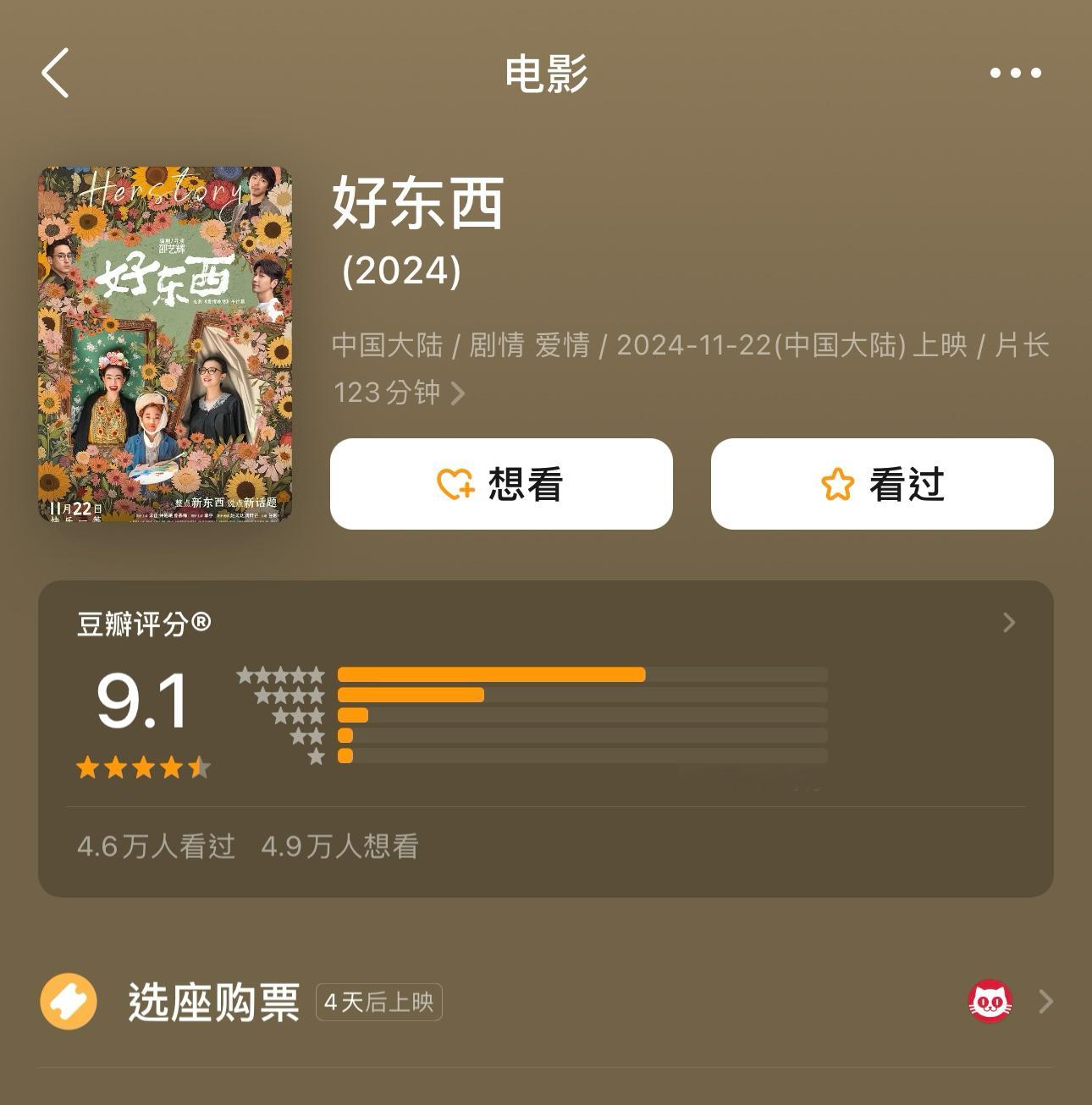 电影《好东西》豆瓣开分9.1～ 