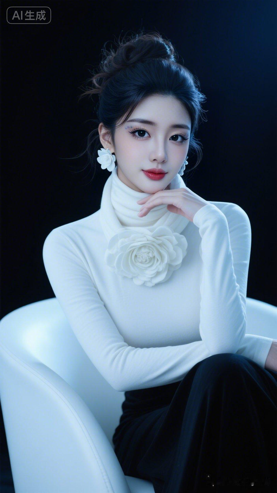 美人高盘发微显凌乱，发丝边缘泛着柔光，佩戴白花耳坠。身着高档奶白色高领秋衫，上围