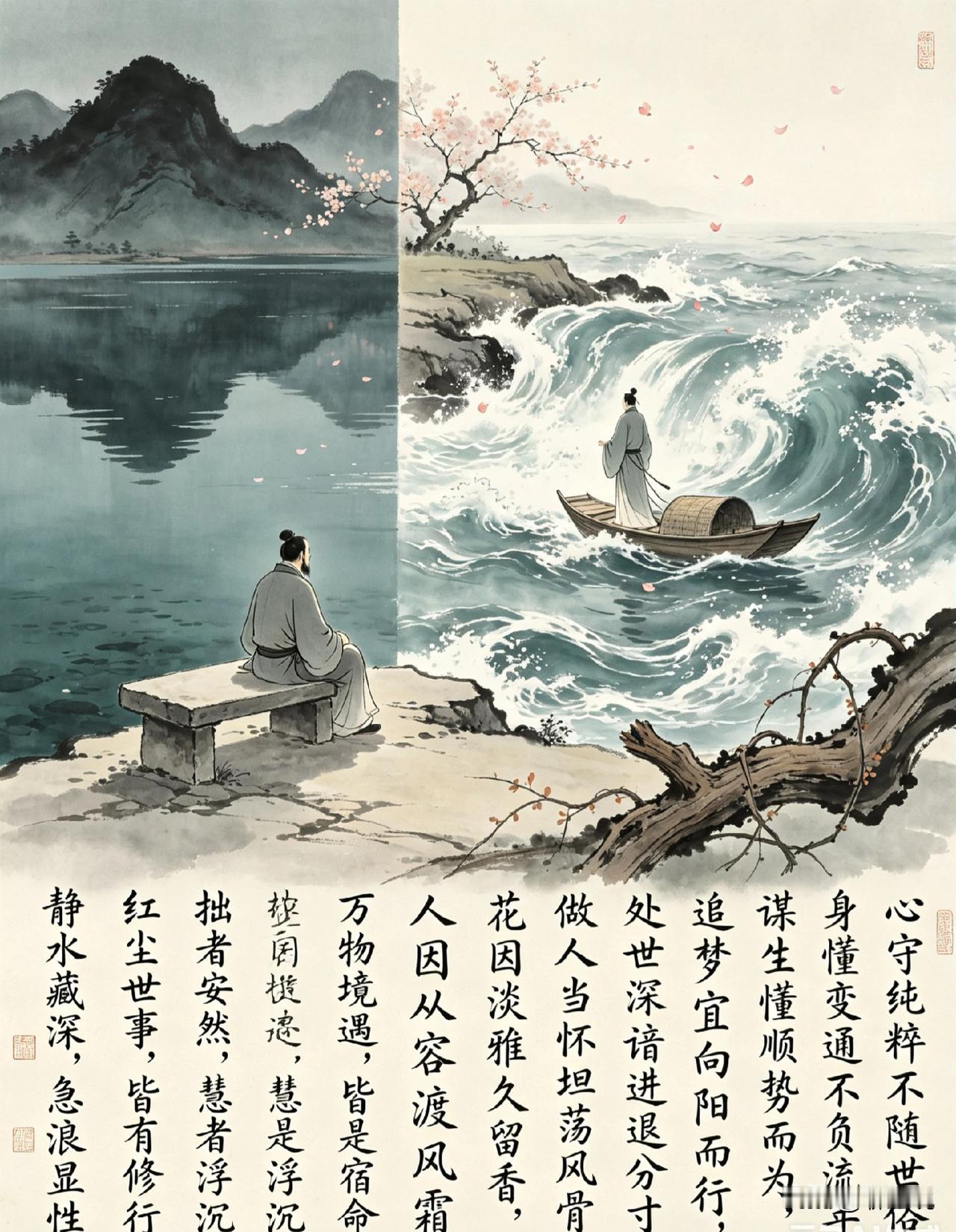 静水藏深，急浪显性，红尘世事，皆有修行
 
拙者安然，慧者浮沉，万物境遇，皆是宿