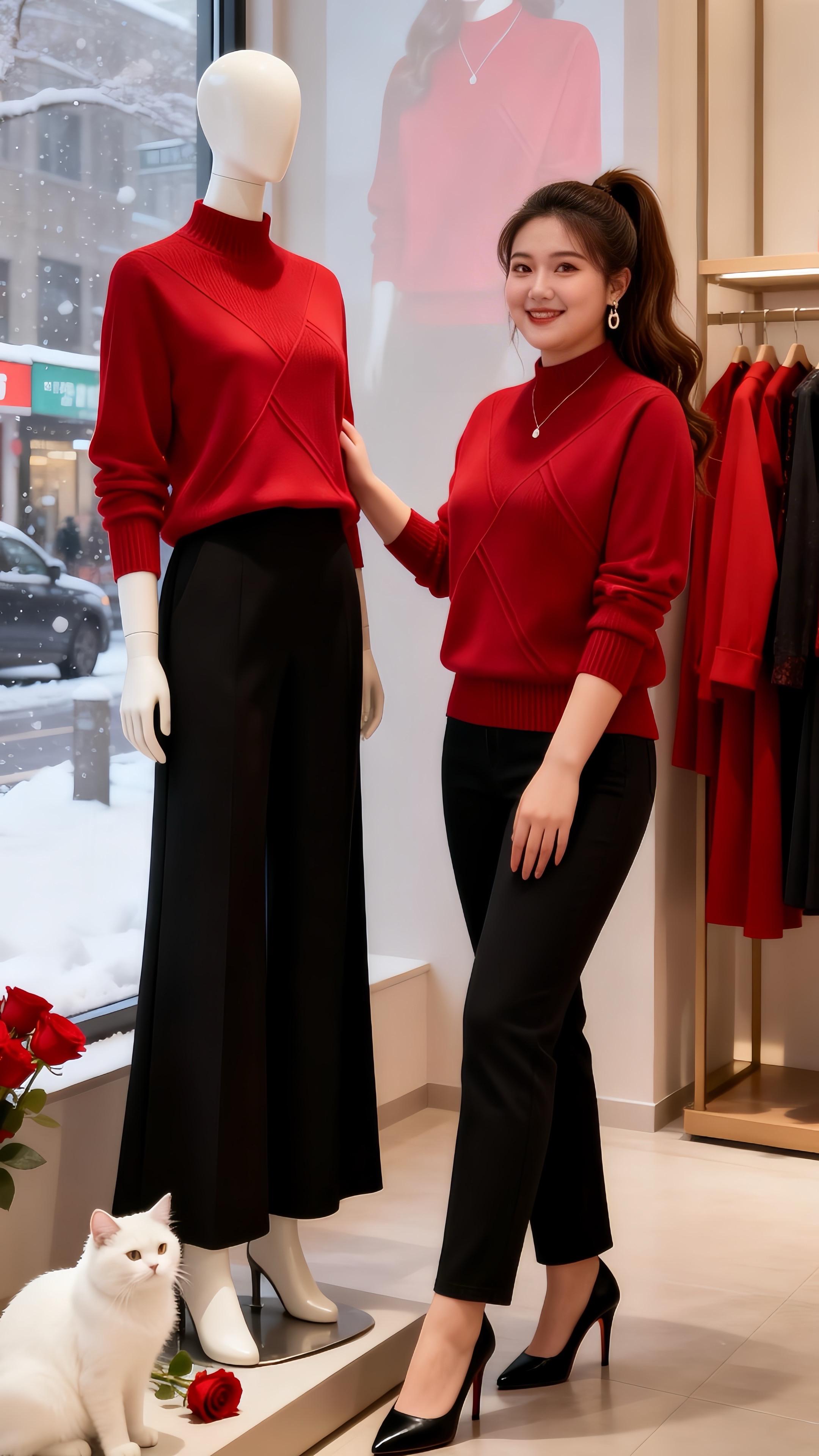 大码女装红色毛衣 新年装扮 冬日穿搭一周不重样 冬季内搭合集