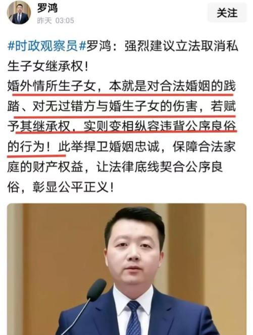 专家罗鸿提了个建议，直接捅了马蜂窝！罗鸿：“强烈建议取消私生子女的继承权！搞婚外