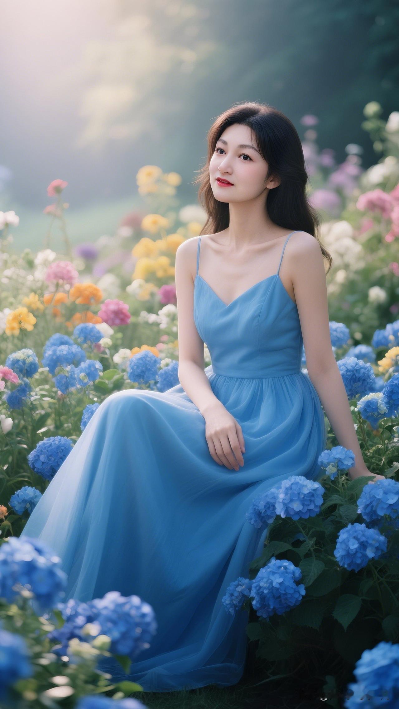 花间美人坐，春风满面来。怎样穿搭能显示出温柔的女生气质? 梦幻蓝裙少女，置身花海