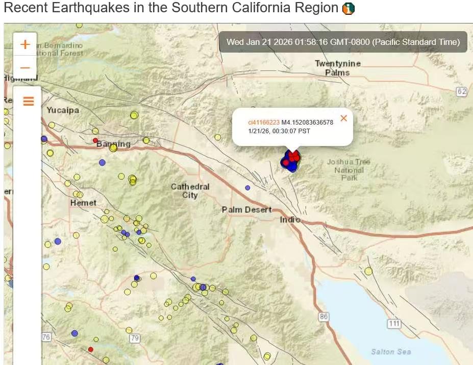 《今日南加印第奥附近又发生4.2级地震》
据美国地质调查局报导，21日周三00: