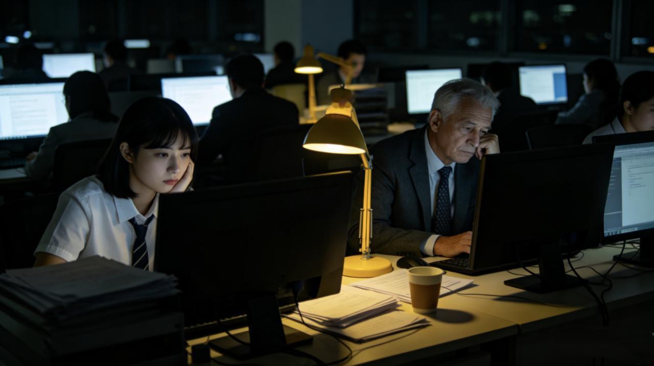 公司新来了个实习生，第一天就被安排跟老员工一起加班到晚上十点。
第二天，他给部门