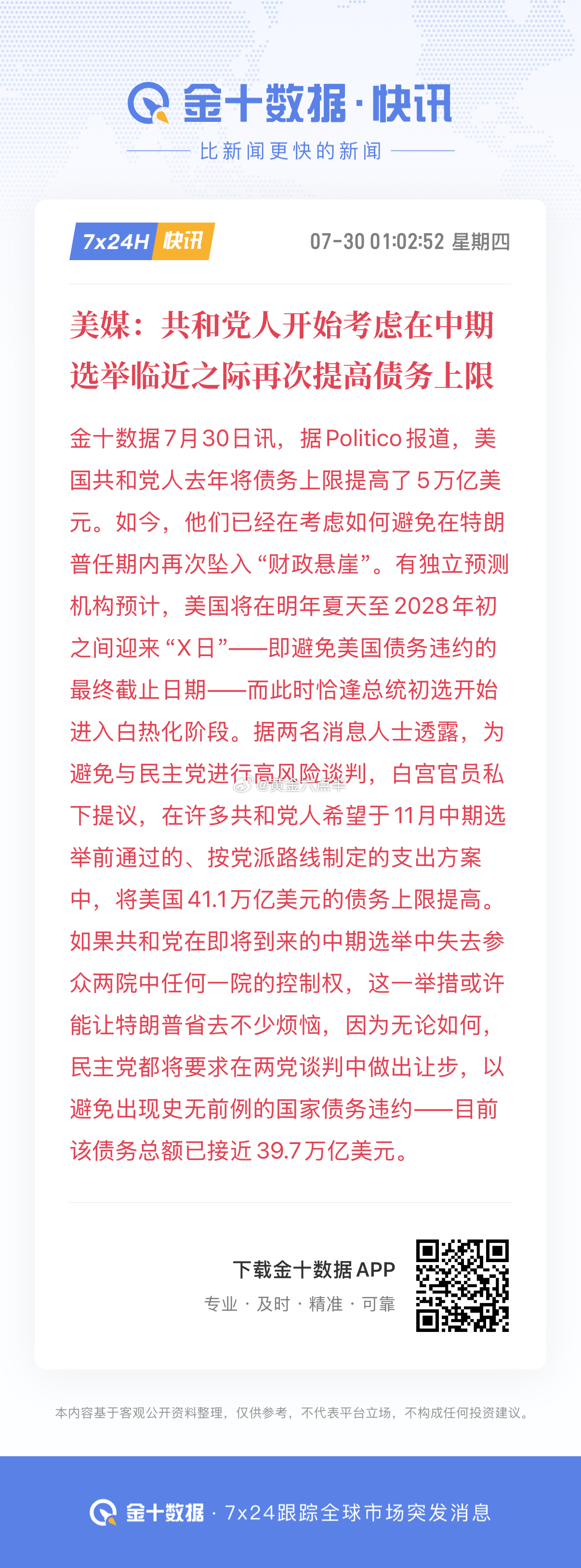 美国共和党考虑提高美国债务上限，消息刺激之下，金价原地起飞。黄金