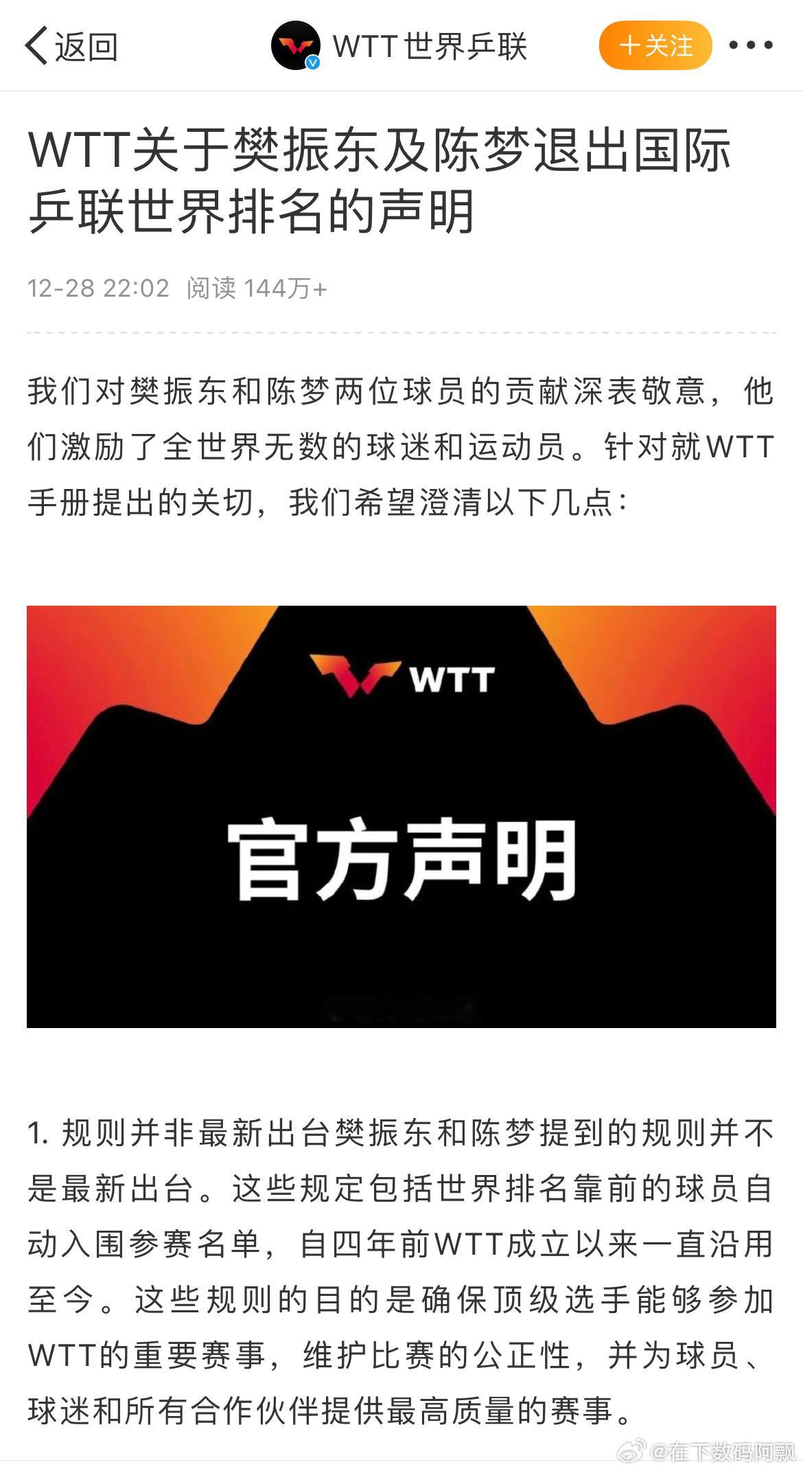 WTT回应樊振东陈梦退出世排 WTT回应樊振东、陈梦退出国际乒联世界排名 