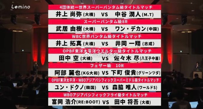 拳坛速递 看一下 5月2日 井上尚弥 vs 中谷潤人 比赛的完整对阵表：井上尚弥