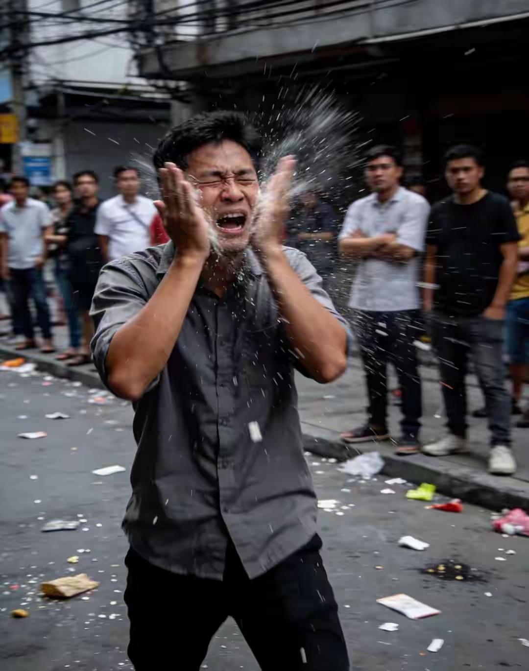 谁能想到，一个大老爷们儿会在街头哭得撕心裂肺，巴掌狠命往自己脸上招呼？这名男子为