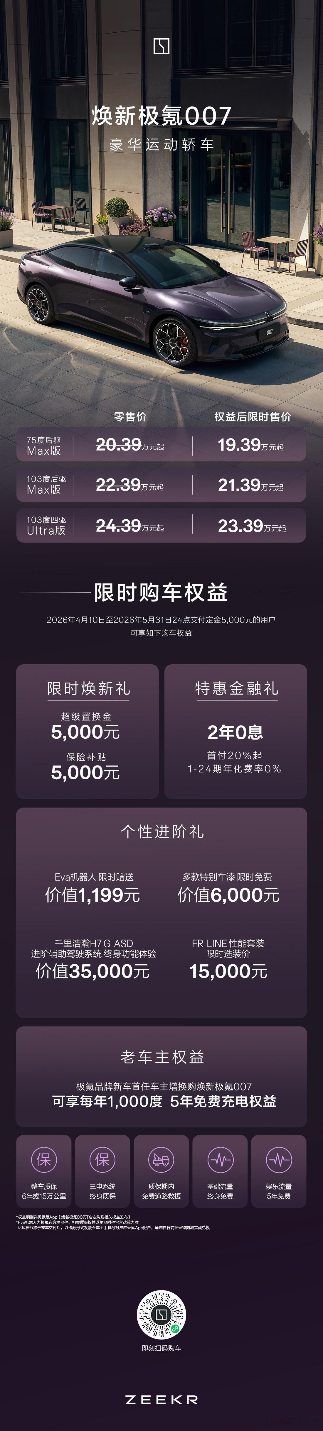 极氪焕新7系价格发布，19.39w-23.39w加量不加价。老车主置换居然送5年