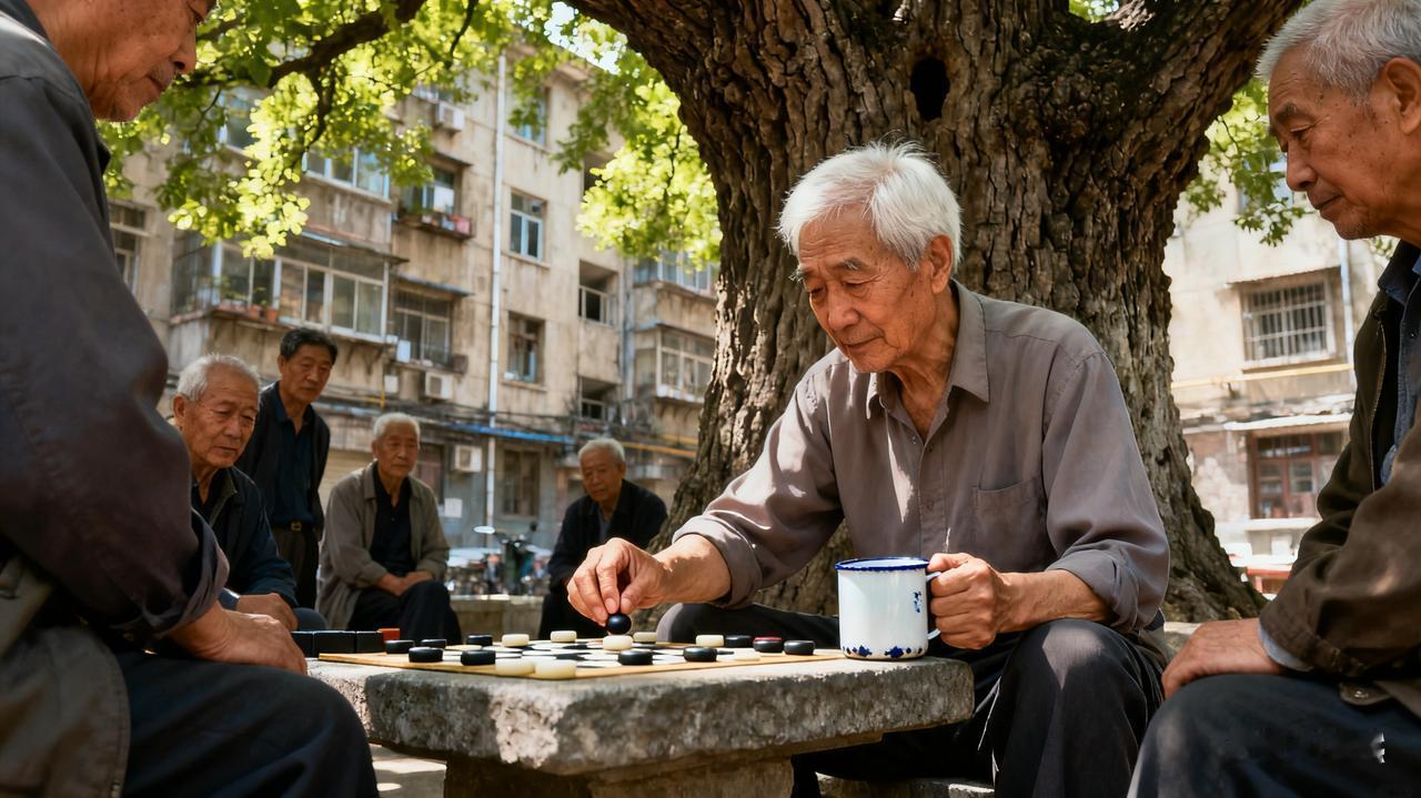 那些话少的老人，早把好日子过成了定局。
楼下的李爷爷总坐在老槐树下下棋，左手攥着